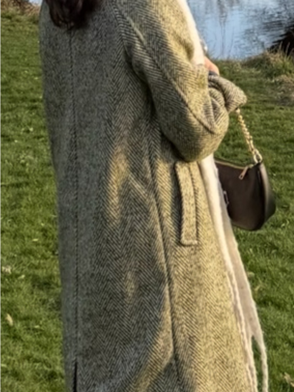 Classic Olive Herringbone Long Women's Sweater Coat